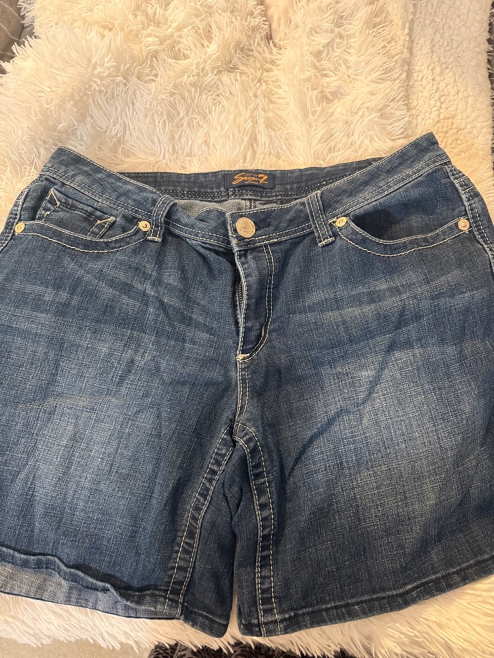 Seven7 Washed Blue Denim Shorts with Contrast Stitching